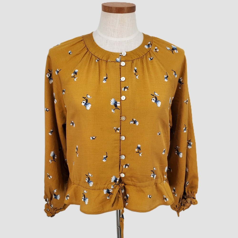 Outerknown Poet Floral Blouse Women Small Golden Yellow Silk Cotton Hemp Peasant